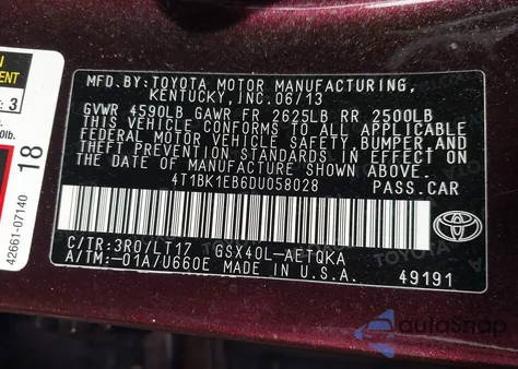 2013 Toyota Avalon Xle Touring from USA, damaged, VIN 4T1BK1EB6DU058028